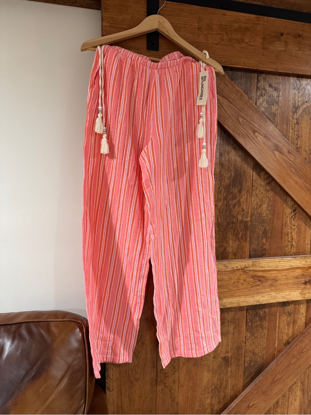 No Boundaries Coral Pink Striped Drawstring Pants with Tassels